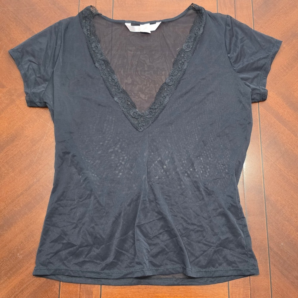Vintage Victorias Secret Y2K Sheer Mesh Top Black Lace V-Neck Shirt L Made USA